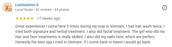 5-star guest review of Tropi Q head spa Hanoi — review 6